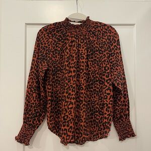 LOFT Leopard Print Smocked-Neck & Cuff Long-Sleeve Blouse – Size XSP